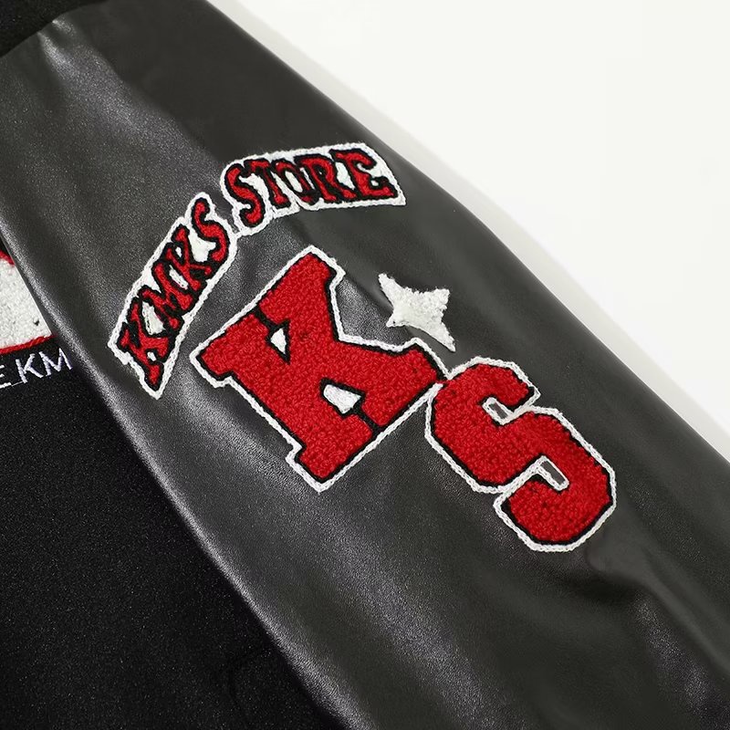 Áo Khoác Bóng Chày Bằng Da Phối Len Thêu Họa Tiết Màu Đỏ Đen Phong Cách Retro Mỹ Thời Trang Cho Nam