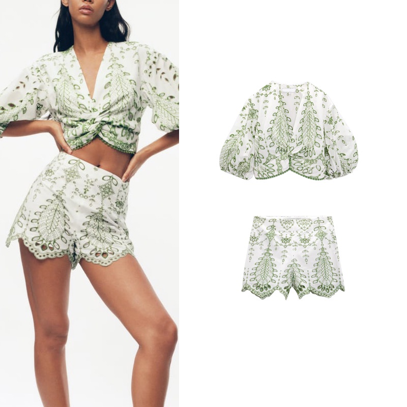 Bộ Áo Thêu Họa Tiết + Quần Short ZARA Xinh Xắn Theo Phong Cách Mùa Hè 2731267 2731299