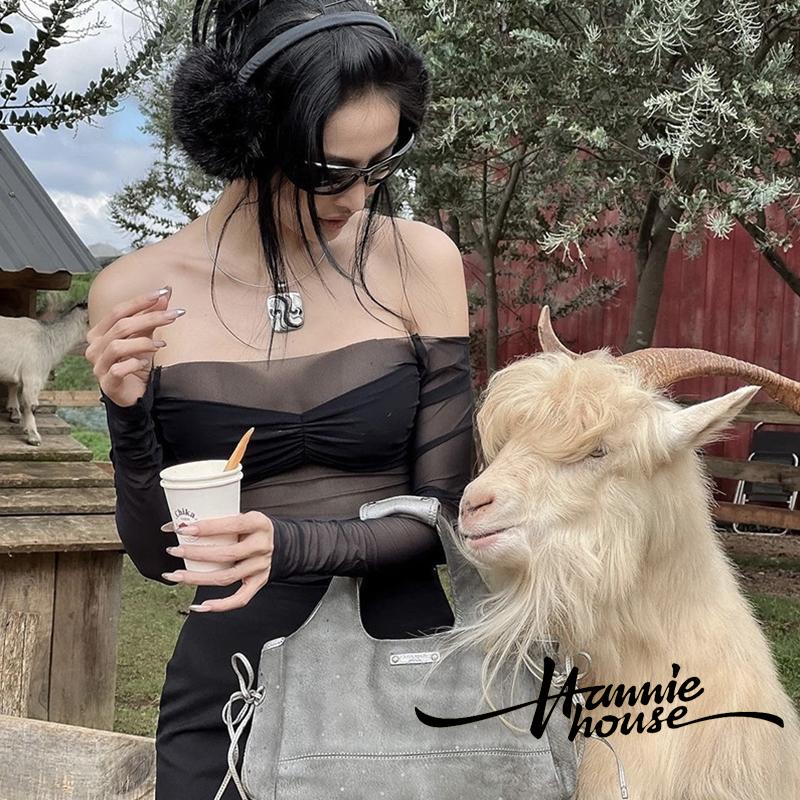 Áo Kiểu Tay Dài Trễ Vai Phối Lưới Thời Trang Cho Nữ