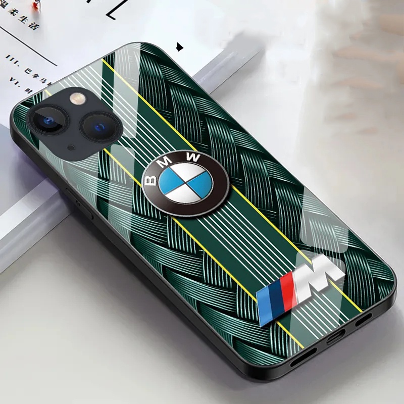 Ốp Điện Thoại Mặt Kính Cứng Chống Sốc Hình Logo BMW Cho iPhone 14 Pro Max 11 15 8 X XR XS 13 12 Mini Plus