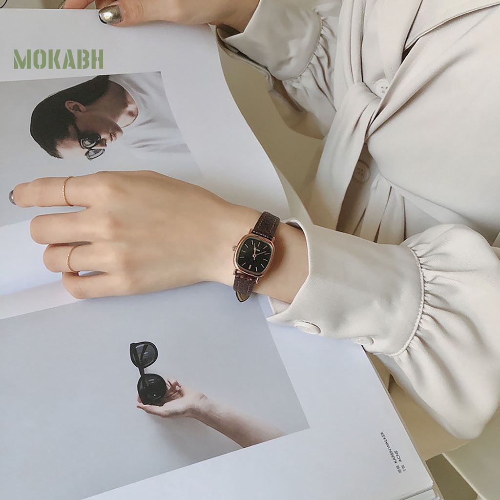 Đồng Hồ Đeo Tay Mặt Vuông Dây Giả Da Phong Cách Vintage Có Thể Điều Chỉnh Thời Gian