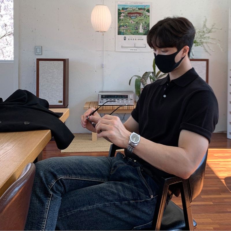 Áo POLO Dệt Kim Tay Lửng Dáng Rộng Màu Trơn Thời Trang Vintage Hàn Quốc Cho Nam