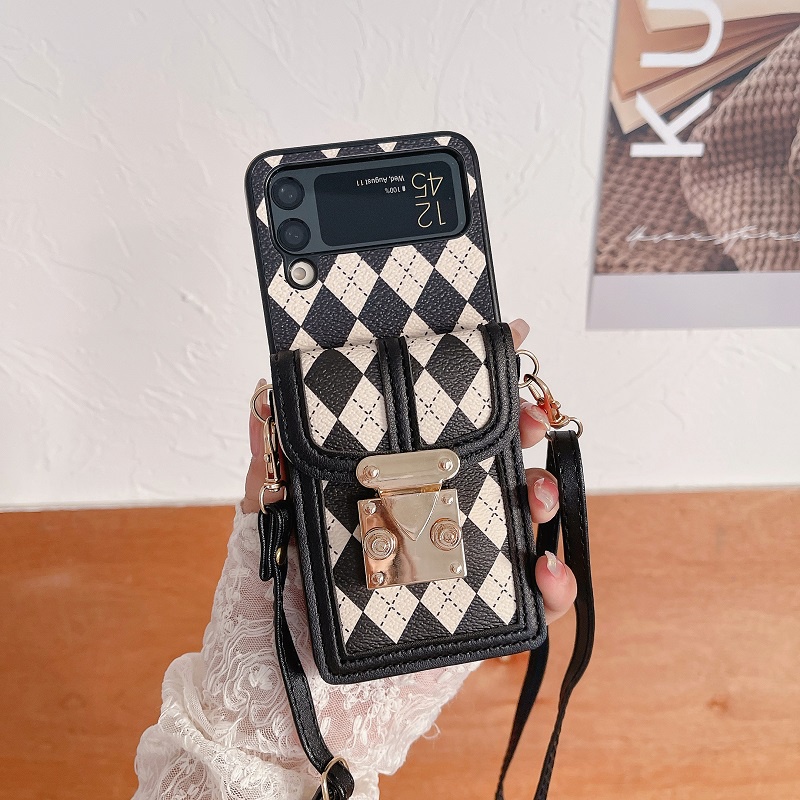Ốp Điện Thoại Da Nắp Gập Họa Tiết Lưới Có Ngăn Đựng Thẻ Và Dây Đeo Chéo Sang Trọng Cho Samsung Galaxy ZFlip4 Flip3 flip5 5G