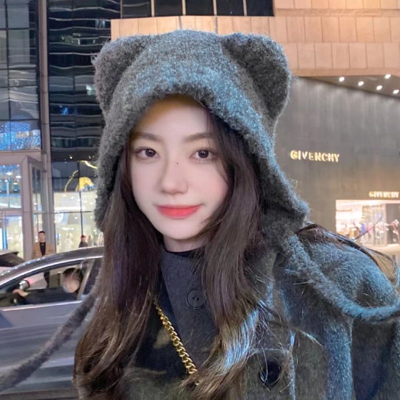 Mũ Len Dệt Kim Đính Tai Gấu Nhỏ Dễ Thương Giữ Ấm Mùa Đông Cho Nữ