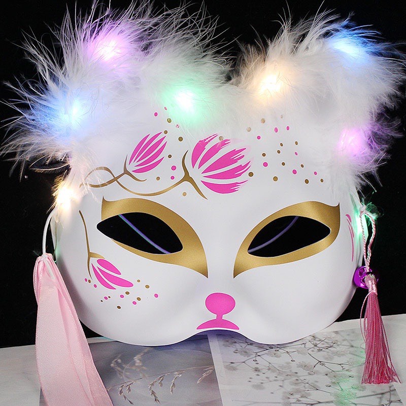 Mặt nạ mèo hóa trang Halloween phong cách Nhật Bản có đèn đẹp mặt nạ cáo nửa mặt