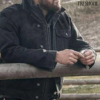 [fo] Nam fall jacket turn-down collar single-breasted buttons pocket solid color long sleeves soft streetwear men vintage coat