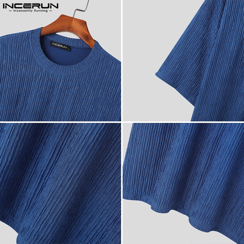 Áo thun INCERUN cổ tròn tay ngắn màu trơn phong cách Hàn Quốc dành cho nam