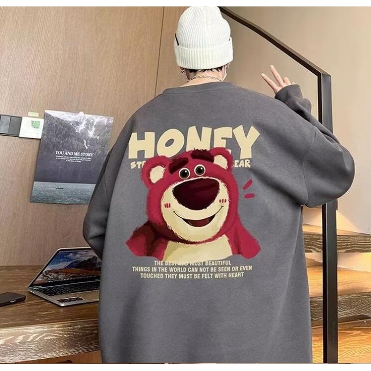 Áo Sweater nam form rộng big size tới 90kg Mỹ sáng tạo phim hoạt hình dâu tây gấu in Unisex Thời Trang Trẻ Trung