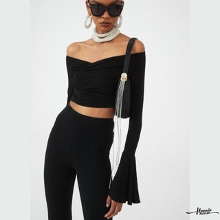 Hannie-women long sleeve off-shoulder solid slim fit crop top