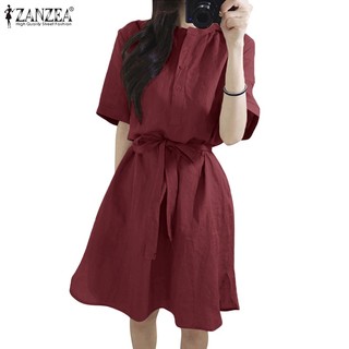 Zanzea Đầm Nữ Tay Ngắn Cổ Đứng Buộc Eo Màu Trơn Phong Cách Hàn Quốc Thời Trang