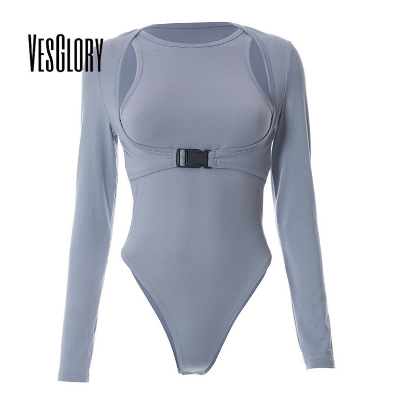 Áo croptop nữ VESGLORY ôm dáng vừa vặn khoét rỗng phối khóa cổ tròn tay dài màu trơn thời trang 2023