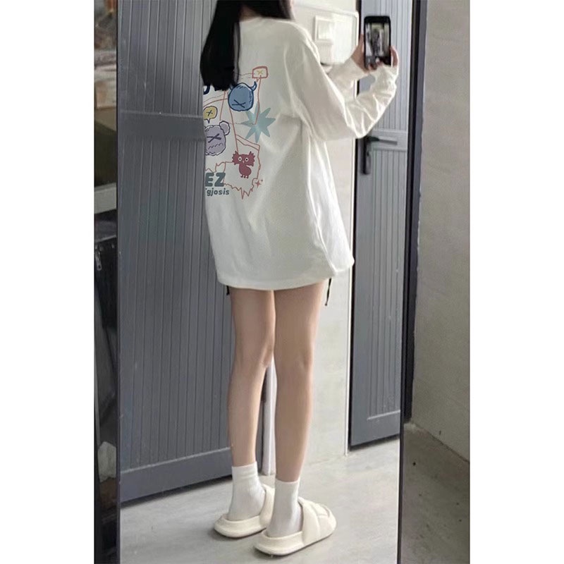 Chalizi autumn 100% cotton dài tay t-shirt nữ phiên bản hàn quốc mẫu thời trang lỏng lẻo cổ tròn cặp đôi phong cách hàng đầu