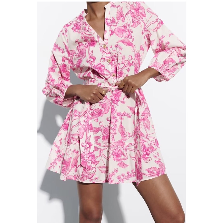 Trf 23 Đầm Ngắn Cổ Chữ V Tay Dài In Họa Tiết Phong Cách Pháp Có Thắt Lưng Trang Trí Mùa Hè3462271