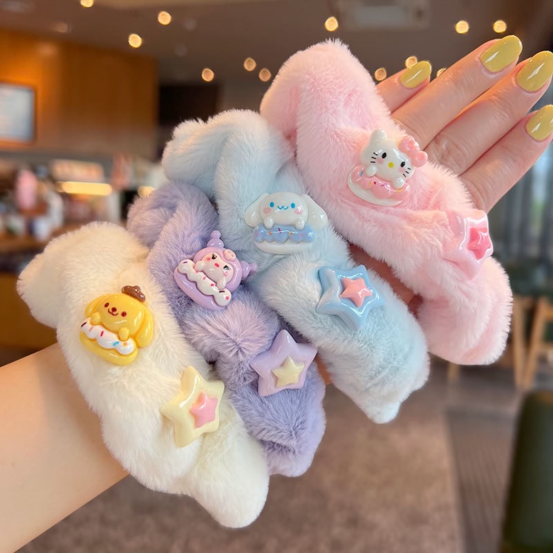 Set 4 dây buộc tóc AHELLOGIRL vải lông nhung hoạt hình Sanrio dễ thương cho nữ