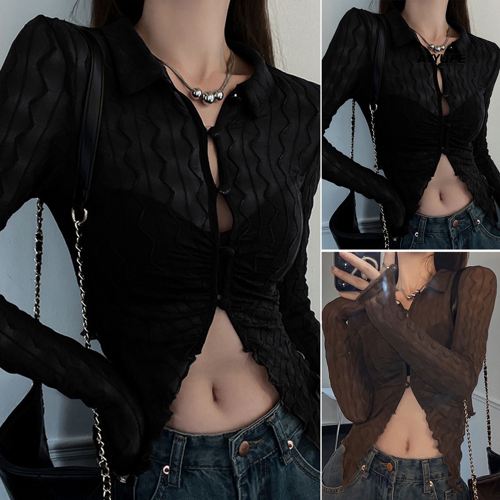 Ayyufe ve áo v-cổ dài tay áo sóng kết cấu nút đóng áo cardigan see-through áo nịt mỏng gợi cảm trên cùng