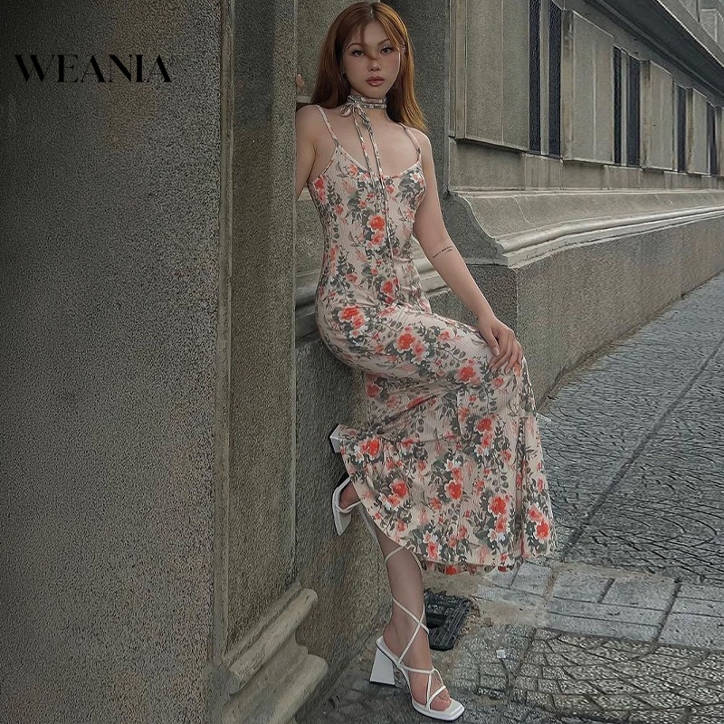 Weania phụ nữ pháp floral slim slip maxi dress