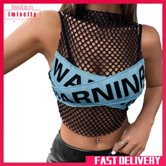 Áo lưới croptop IMIXCITY không tay in màu tương phản nhìn thấy phối rỗng phong cách sexy cho nữ