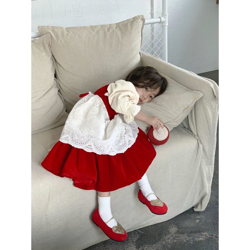 Đầm Công Chúa lolita Màu Đỏ Phong Cách Hàn Quốc Thời Trang Mùa Thu Cho Bé Gái