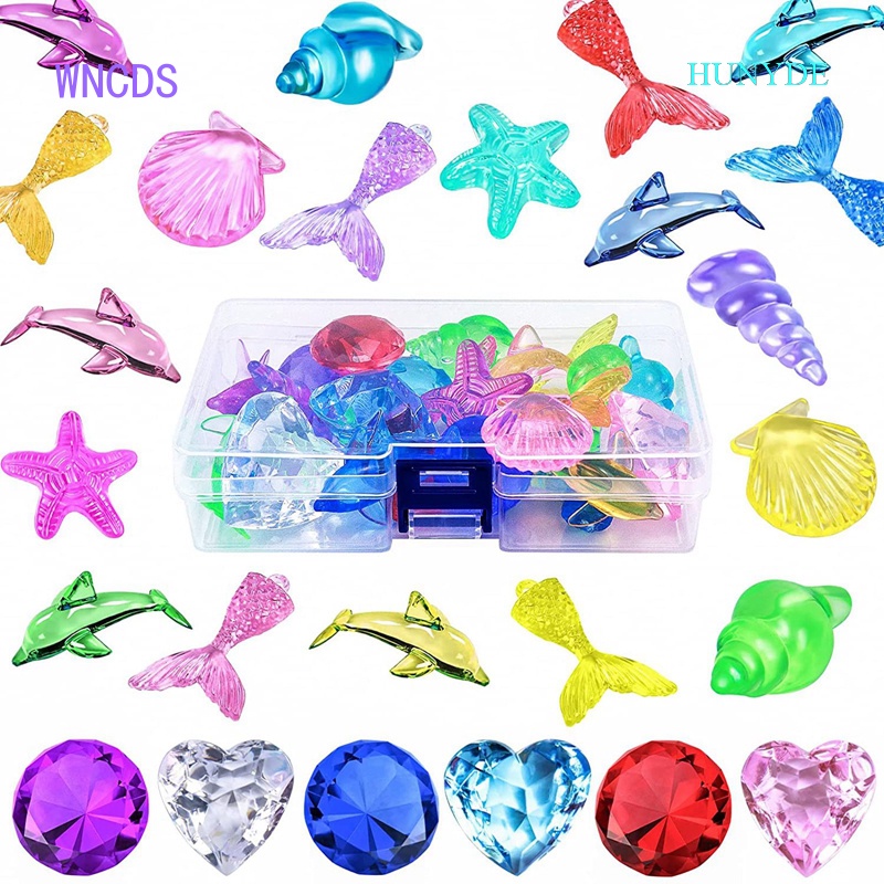 Hunyde 26 gói đồ chơi hồ bơi đá quý lặn chủ đề đại dương đầy màu sắc acrylic đá quý kim cương đồ chơi động vật biển cho trẻ em có hộp lưu trữ