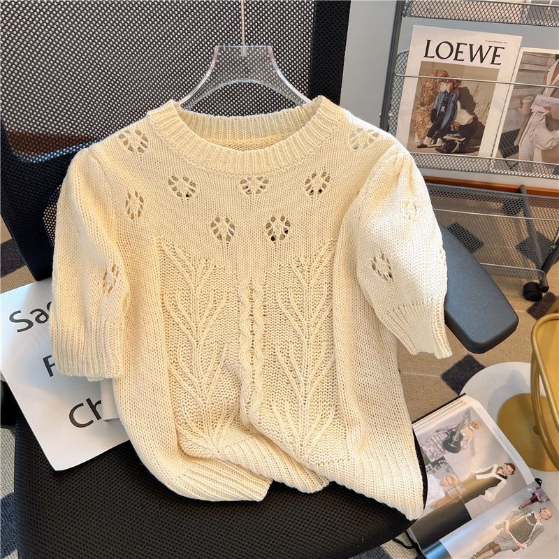 French hollow knitted t-shirt short-tay mỏng cổ tròn top leml