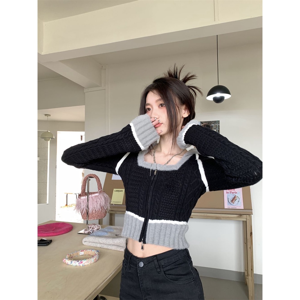 Áo len ngắn cardigan nữ mùa đông phong cách mới ins niche design sense phong cách hàn quốc dây kéo slim-fit black knit top