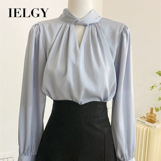 IELGY áo sơ mi nữ satin xanh cao cấp