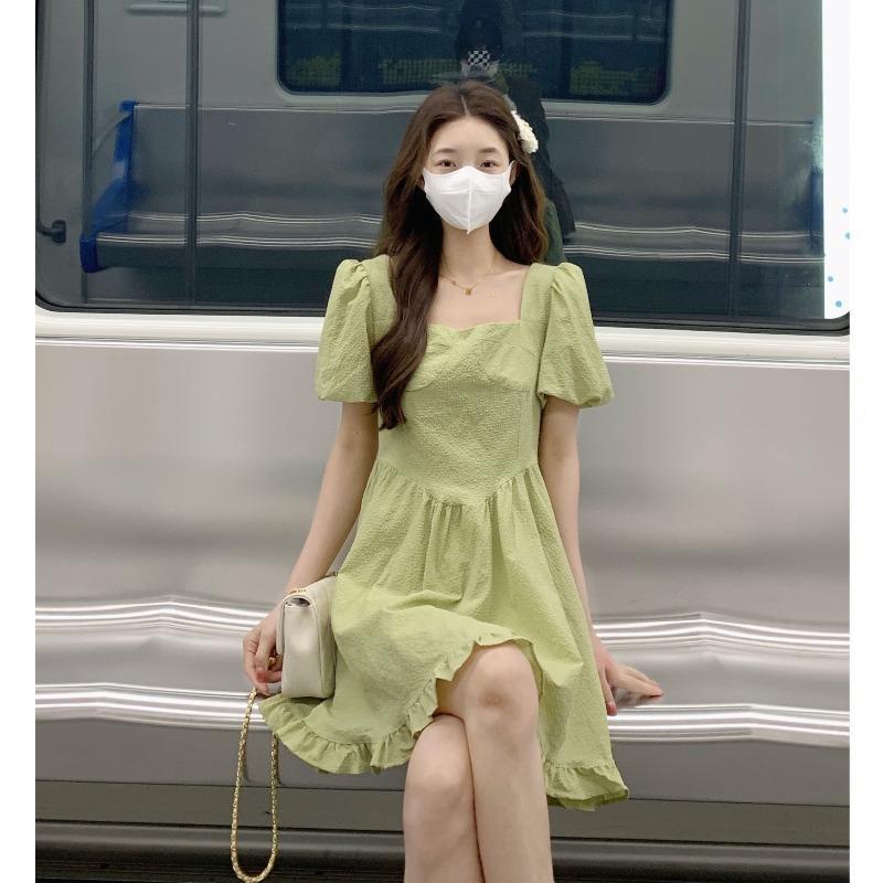 Đầm Chữ A Tay Ngắn Phồng Cổ Vuông Phong Cách Thời Trang Pháp Mới 2023 Dành Cho Nữ