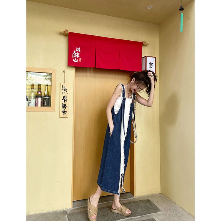 Đầm Yếm Denim Dáng Dài Không Tay Màu Sắc Tương Phản Phong Cách Hàn Quốc Thời Trang Mùa Thu 2021 Cho Nữ