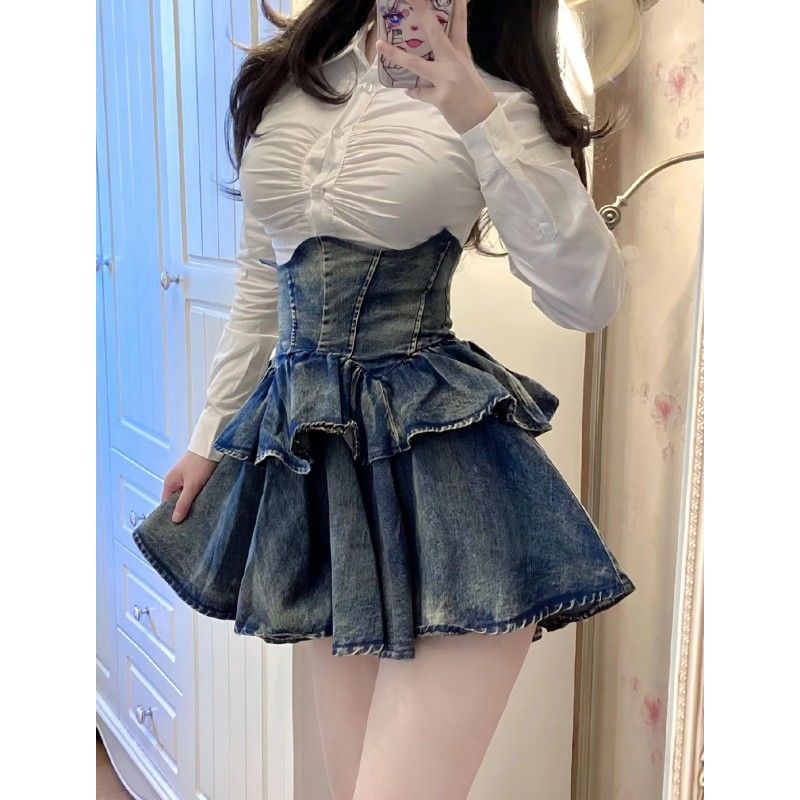 Set Áo Sơ Mi Xếp Ly Phối Chân Váy Denim Ngắn Lưng Cao Thời Trang Cá Tính Ngọt Ngào Cho Nữ