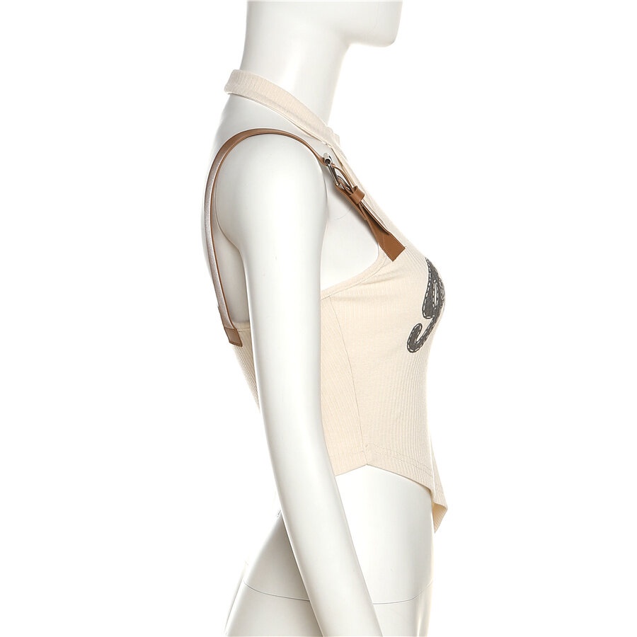 Áo Hai Dây In Chữ Ôm Dáng Phối Thắt Lưng Ngọt Ngào Dễ Thương Thời Trang Mùa Hè Cho Nữ