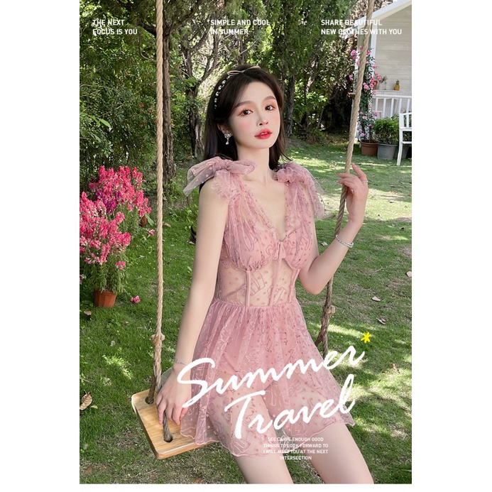 Đầm Bơi Một Mảnh Cổ Chữ V Eo Cao Phối Ren Màu Hồng Sang Trọng Thời Trang Mùa Hè Dành Cho Bạn Nữ