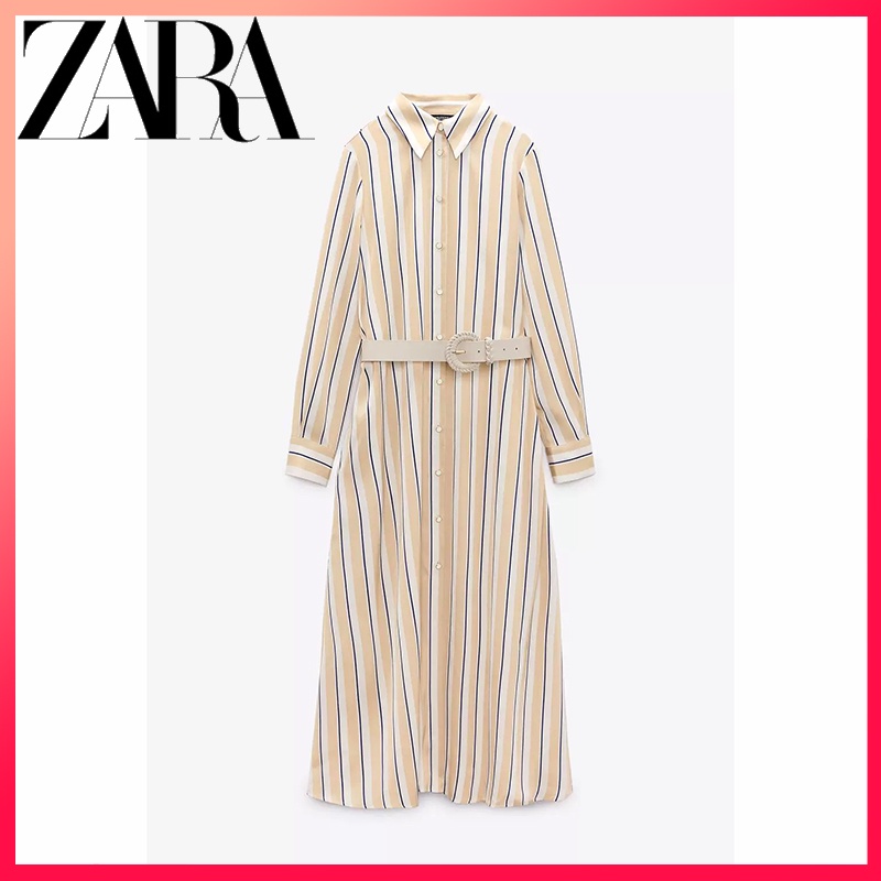 Zara Đầm Sơ Mi Kẻ Sọc Phối Thắt Lưng Thời Trang Thanh Lịch Cho Nữ