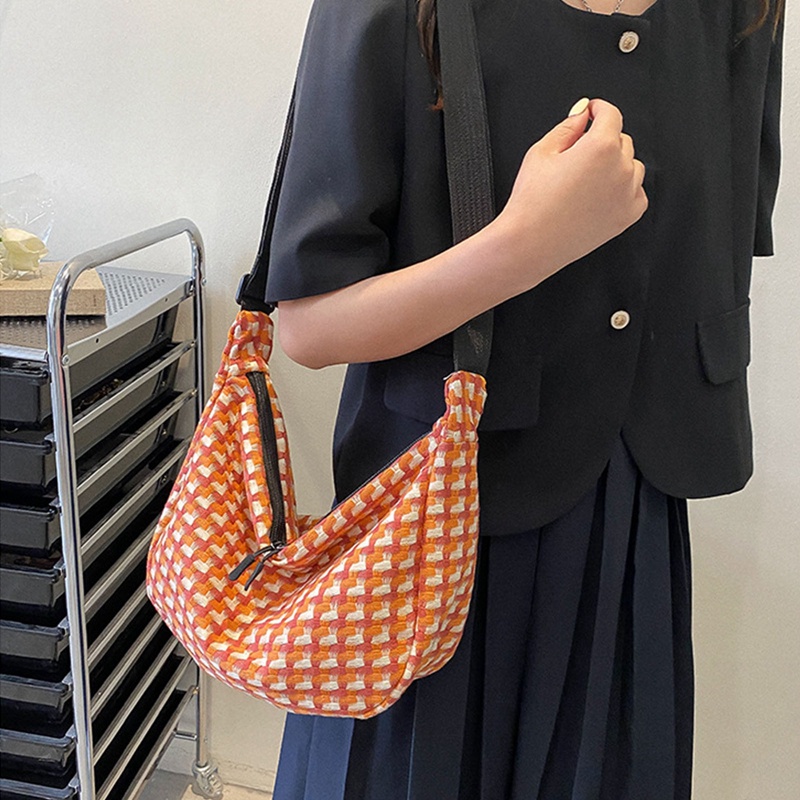 Fancy Túi vải Nhỏ Nhắn Họa Tiết Ca Rô Màu Xanh Dương Phối Dây Xích Đeo Dưới Cánh Tay Cho Nữ