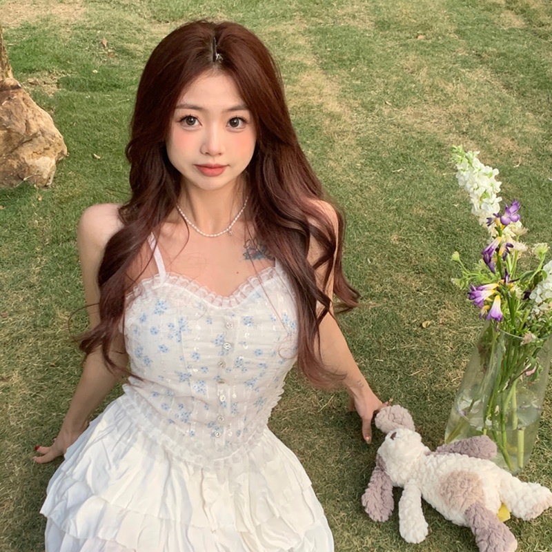 Áo Tank Top Không Tay In Hoa Phối Ren Phong Cách Hàn Quốc Cho Nữ