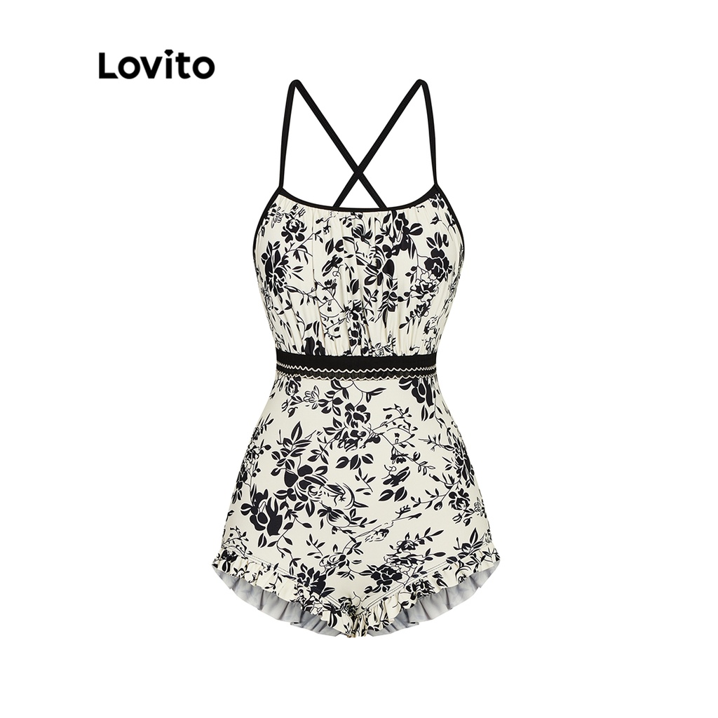 Đồ bơi một mảnh Lovito cổ vuông đệm ngực có thể tháo rời thắt dây phối dây tương phản họa tiết hoa cho nữ L48AD018 (màu đen)