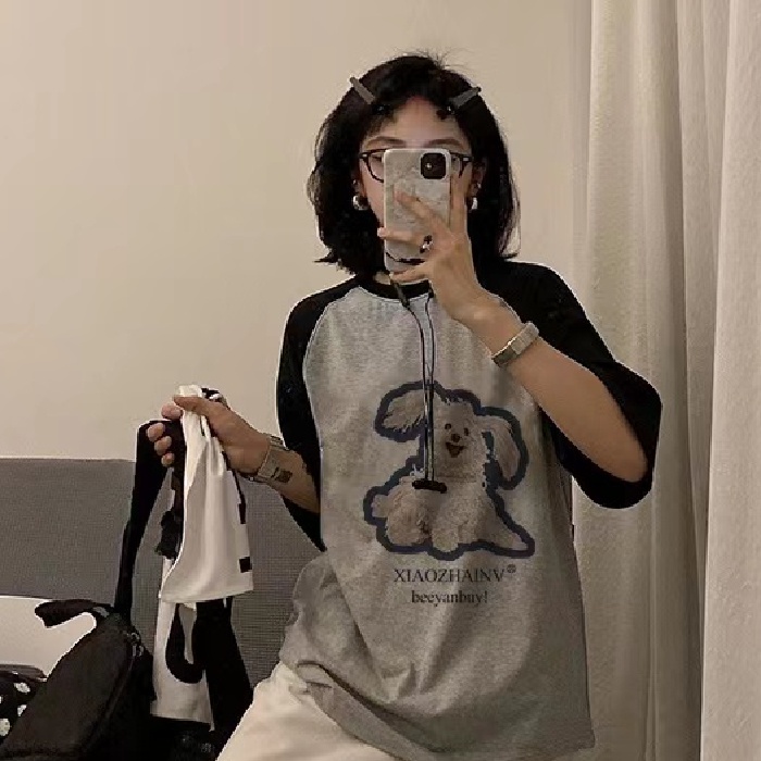 Áo Thun 100% Cotton Tay Ngắn Dáng Rộng In Họa Tiết Hoạt Hình Phong Cách Hàn Quốc Thời Trang Cho Nữ