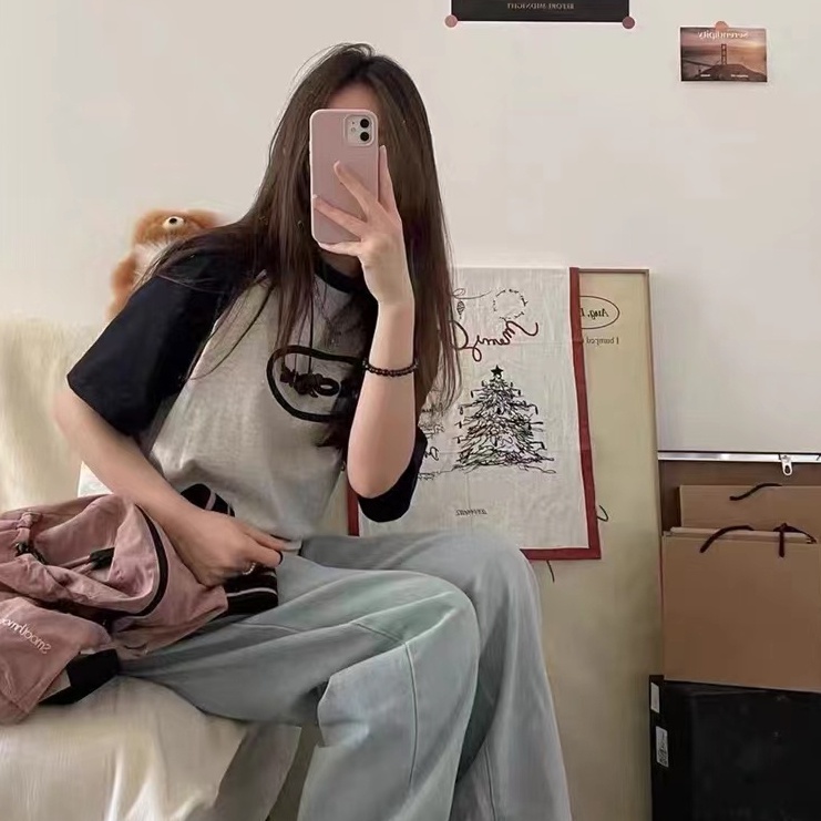 Áo Thun 100% Cotton Tay Ngắn Dáng Rộng In Họa Tiết Hoạt Hình Phong Cách Hàn Quốc Thời Trang Cho Nữ