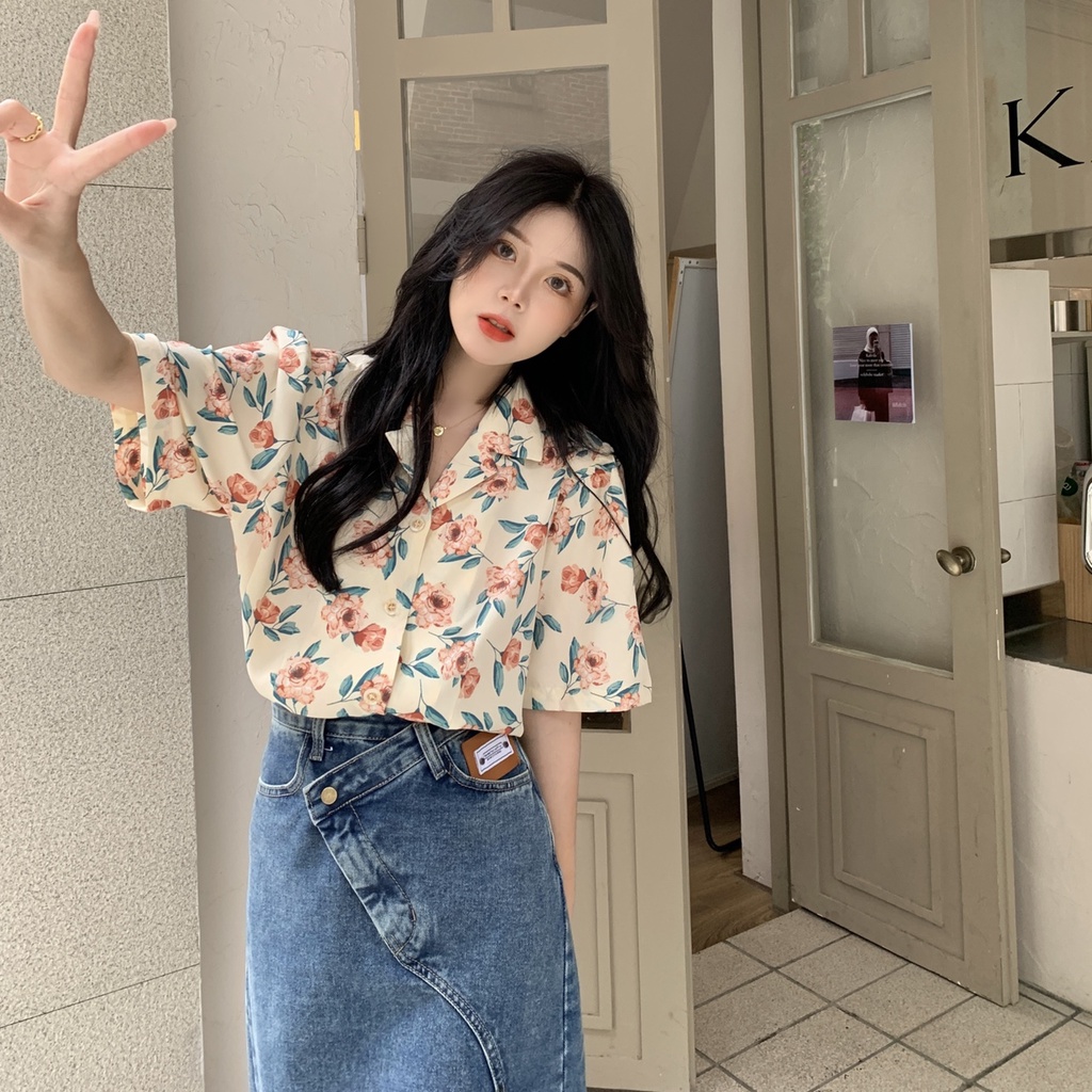Áo Sơ Mi chiffon Tay Ngắn Dáng Rộng In Hoa Thời Trang Mới Cho Nữ