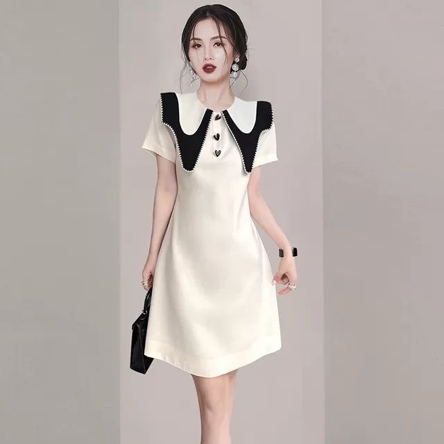 Đầm Tay Ngắn Cổ Búp Bê Màu Tương Phản Phong Cách Pháp Thời Trang Mùa Hè Cho Nữ