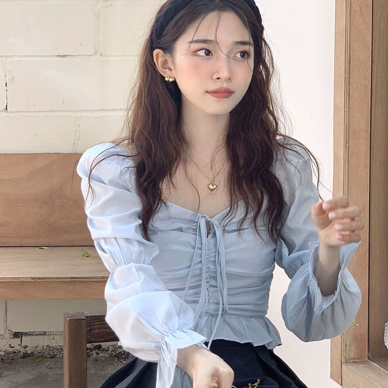 IELGY Áo Croptop Cổ Vuông Tay Phồng Phong Cách Pháp Cổ Điển Thời Trang Cho Nữ