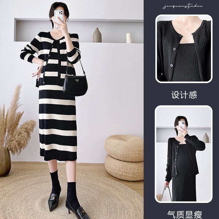 Bộ Áo Sweater Dệt Kim + Váy Yếm Dáng Dài Họa Tiết Kẻ Sọc Thời Trang Xuân Thu Xinh Xắn Cho Mẹ Bầu