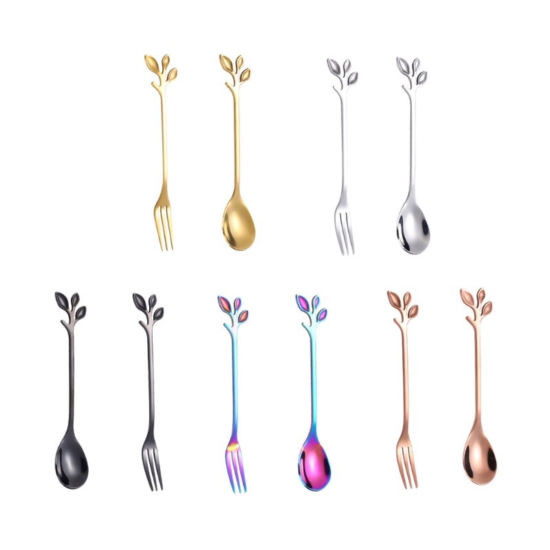 Bộ 2 Muỗng Nĩa 4.7-inch Bằng Thép Không Gỉ Kèm Tay Cầm Hình Lá Đẹp Mắt