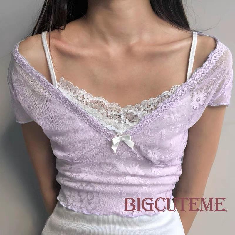 [] Áo Crop Top Nữ Tay Ngắn Phối Ren Áo Thun Kiểu Dáng Kawaii Đáng Yêu
