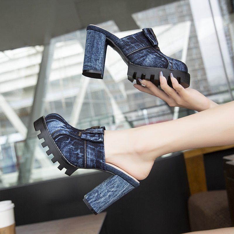 Dép Cao Gót Đế Dày Chất Liệu Denim Thời Trang Trẻ Trung