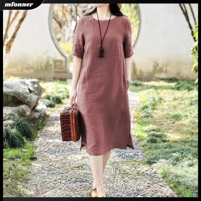 Đầm Midi Cotton Lanh Tay Ngắn Dáng Rộng Màu Trơn Thời Trang Trung Hoa Cho Nữ