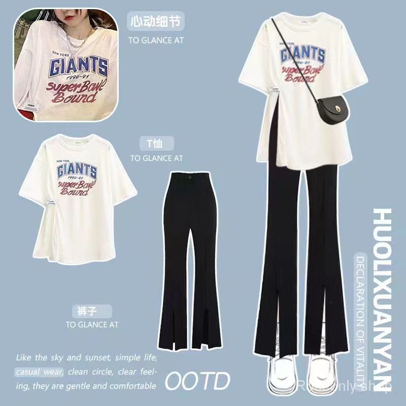 Bộ Áo Thun + Quần Dài Xẻ Tà In Chữ Fat Sister Plus Size Thời Trang Mùa Hè 2023 Cho Nữ
