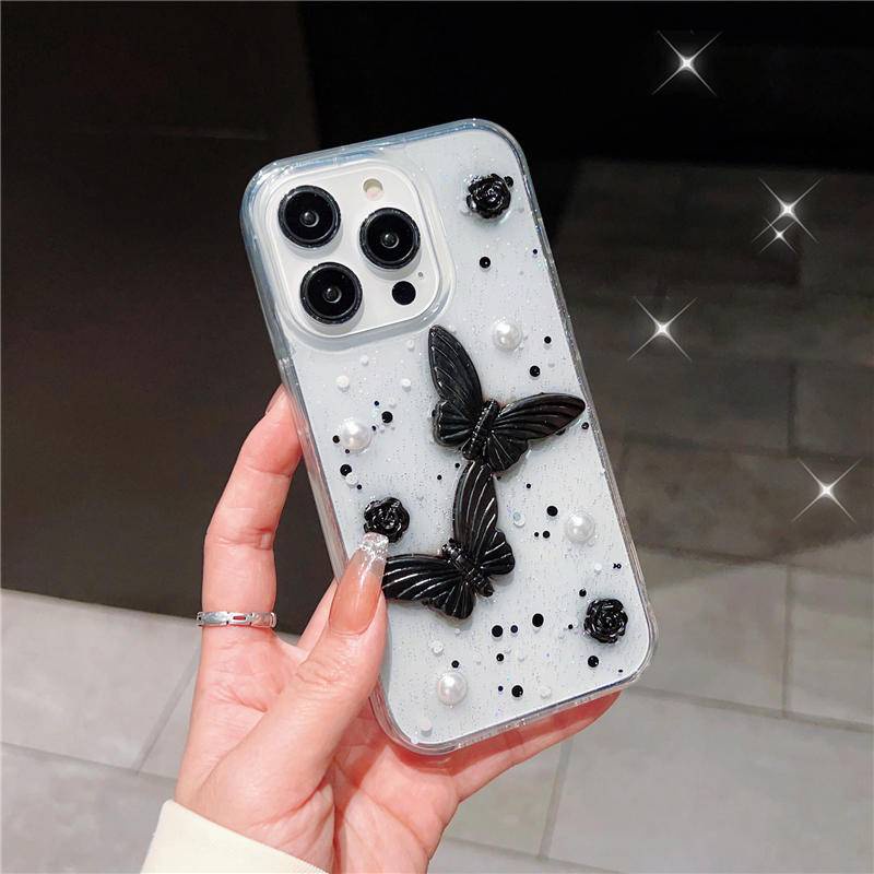 Ốp Điện Thoại Trong Suốt Trang Trí Hình Bướm Và Ngọc Trai 3D Cho iPhone 14 13 12 11 Pro Max 14Plus