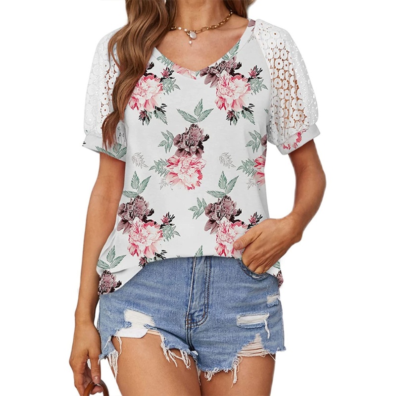 Áo Kiểu Tay Ngắn Phồng Cổ Chữ V Màu Trơn Dáng Rộng Thời Trang Mùa Hè Xinh Xắn Cho Nữ