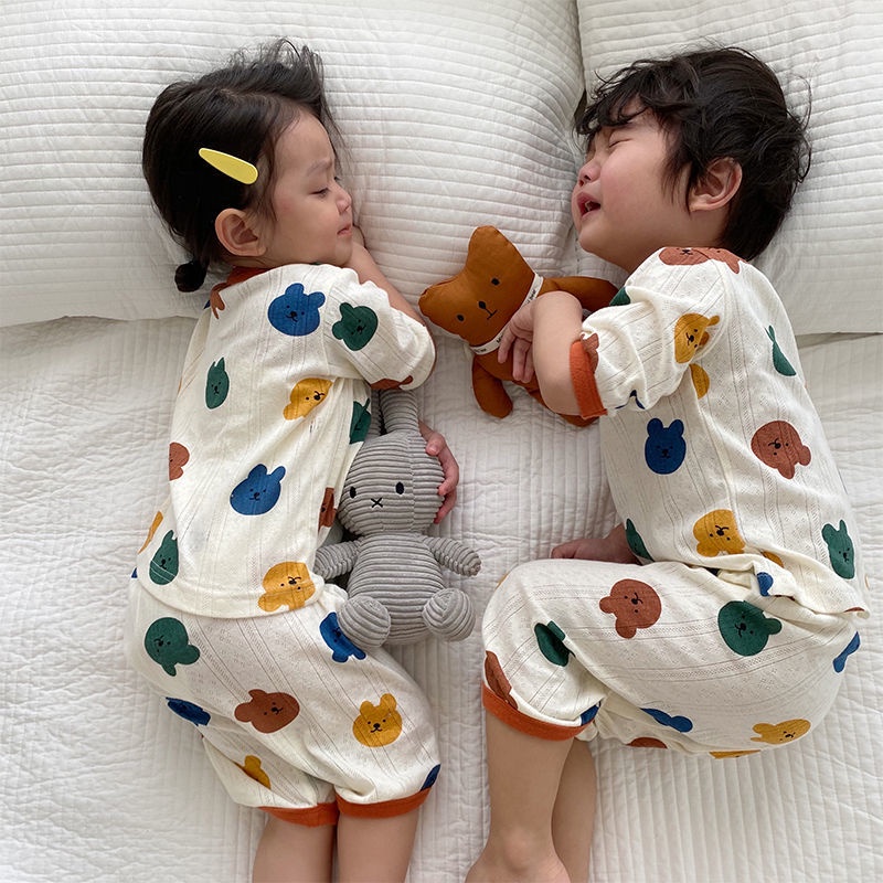 Bộ Đồ Ngủ Bằng Cotton Trơn Thoáng Khí In Hoạt Hình Cho Bé