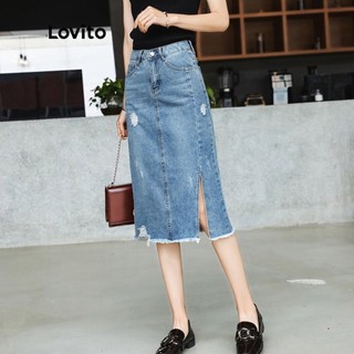  Chân váy denim Lovito có túi xẻ tà phối rách vừa vặn thoải mái mặc thường ngày L10094  xanh dương  